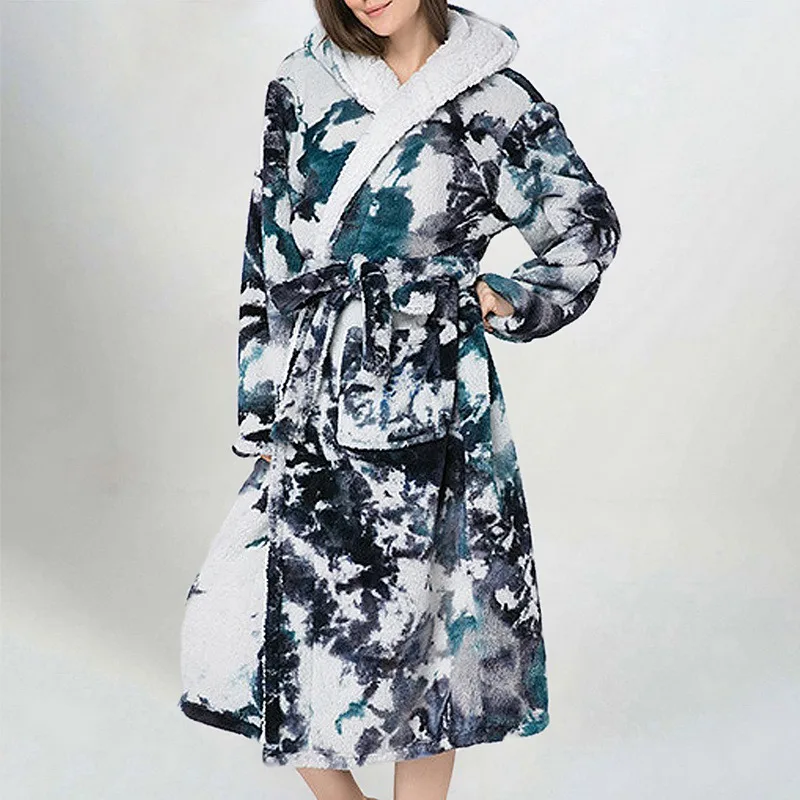 

Women Bathrobe Nightgown Thick Warm Robe Winter Tie Dye Print Plush Pajamas Pink Cute Adults Animal Flannel Bath Robe Sleepwear