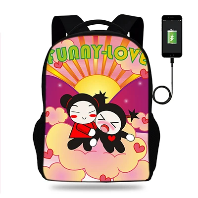 17 дюймов Pucca печати рюкзак для женщин USB порт рюкзаки для подростков девочек школьные сумки ноутбук повседневные Рюкзаки