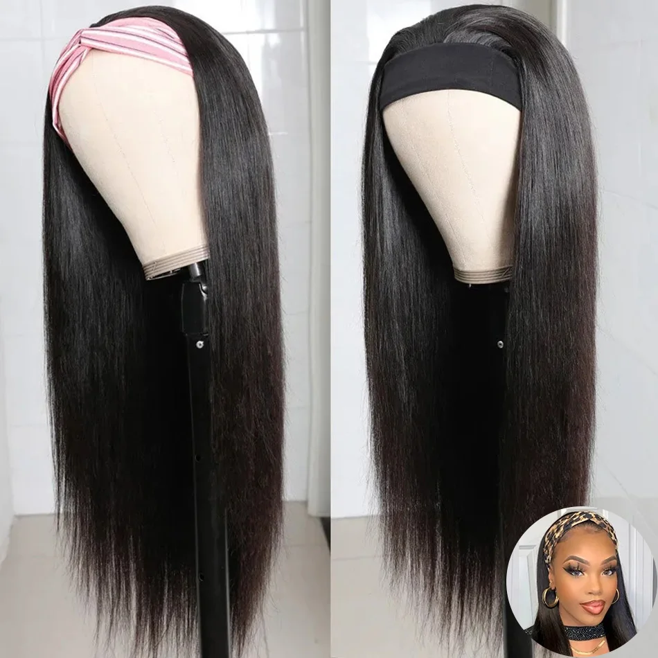 Шелковистый прямой парик 100% человеческие волосы с головной повязкой сделанный