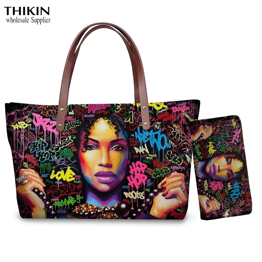 Комплект сумок из 2 предметов для женщин черный с принтом в Африканском и