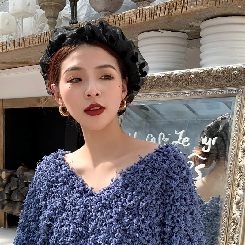 Женский винтажный берет в горошек Черный из органзы весна лето 2020|Женские береты|