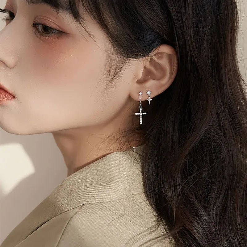 

Real 925 Sterling Silver Asymmetric Cross Drop Earrings Dainty Cross Earrings with Zircons Jewelry for Women