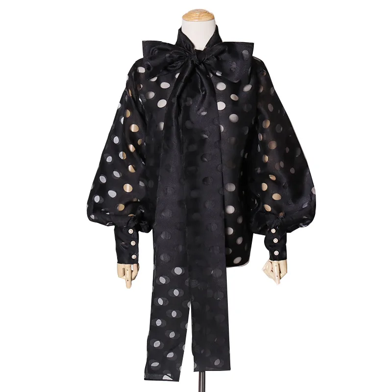 Женская блузка в горошек полупрозрачная рубашка с бантом на воротнике и рукавами