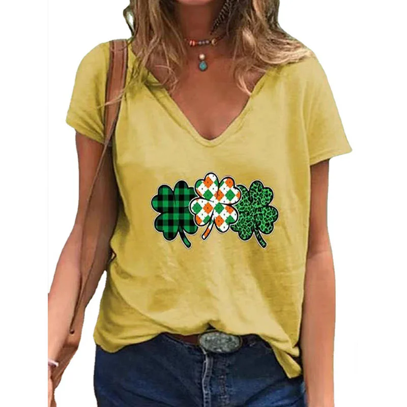 

Summer Casual Leaf Print Short Sleeve Tops V-neck Plus Size Pullover T-shirt for Women