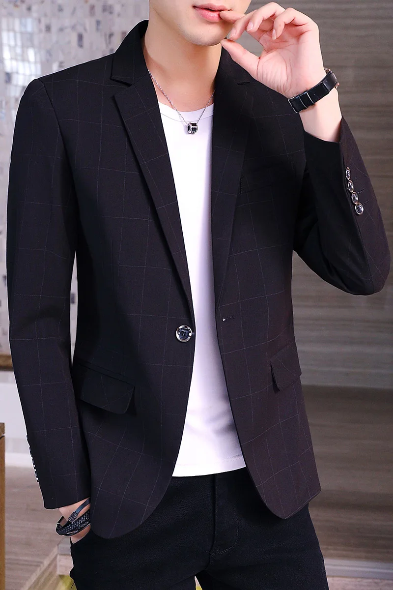 

HOHO 2020 Men Casual Plaid Suit Slim Fit Youth Handsome Spring Single Suit