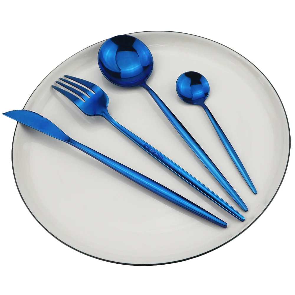 4pcs/set Blue Dinnerware Set Stainless Steel Gold Cutlery Dinner Knife Fork Spoon Silverware Flatware Kitchen Tableware | Дом и сад
