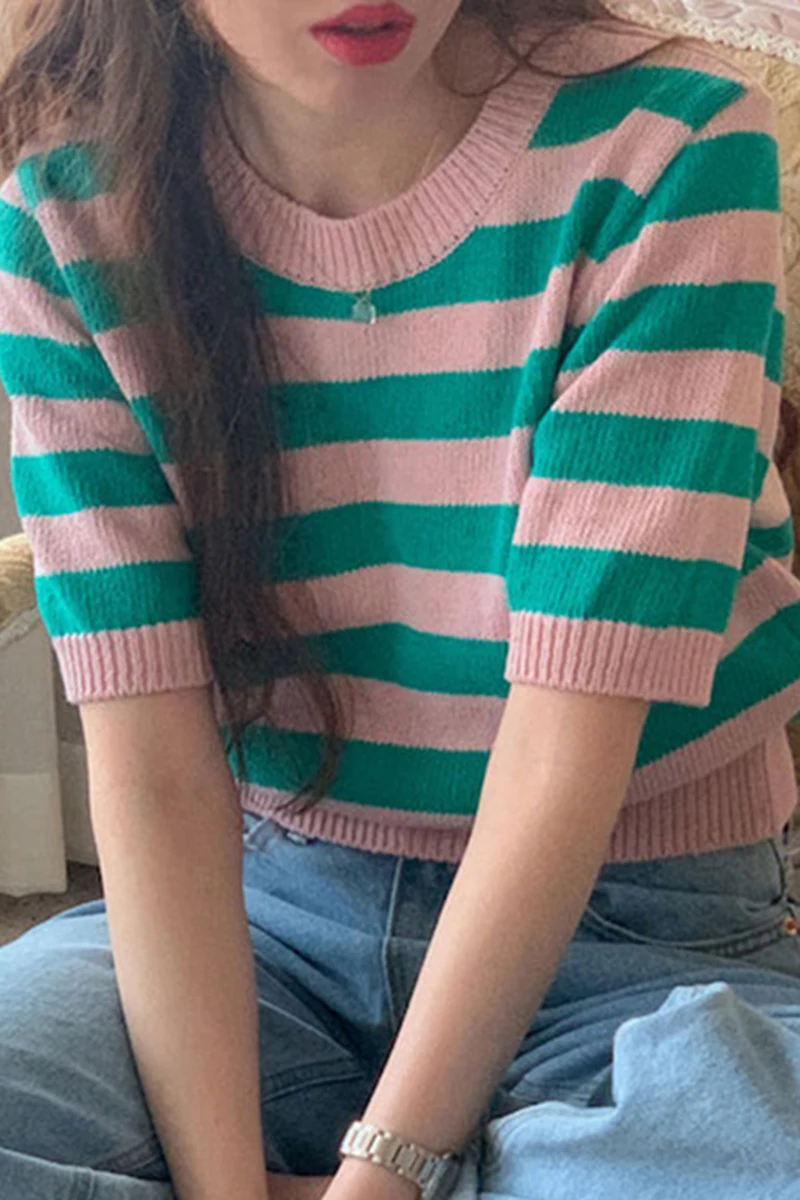 

Korea Chic Sweet Round Collar Collision Color Stripe Design Loose Short Sleeve Sweater Female Top Sweaters for Women