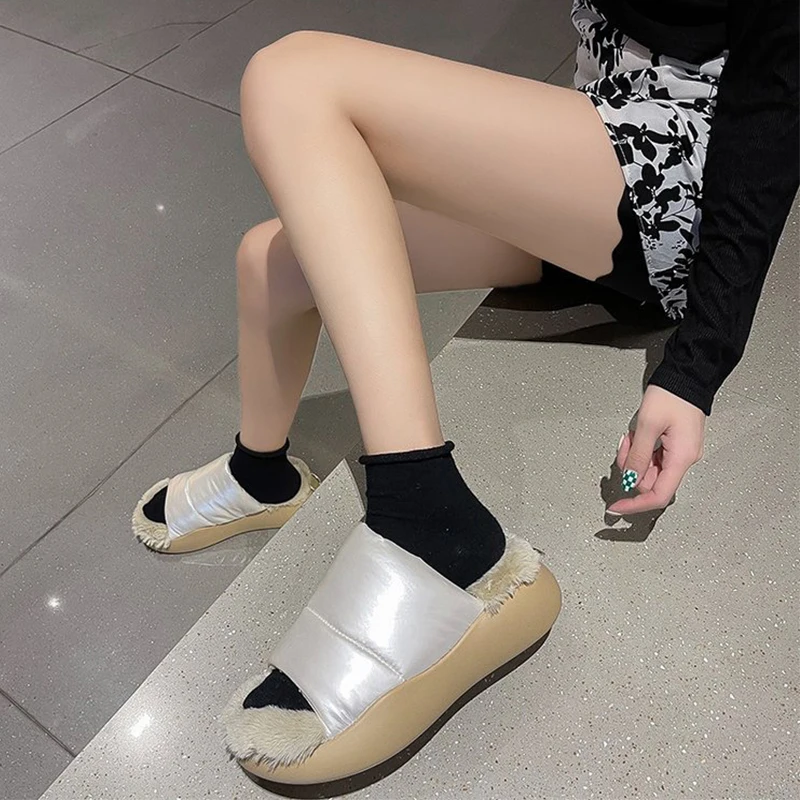 Shoes For Women 2021Winter Ladies Slippers Fashion Indoor Plush Faux Fur  Warm  Down Slip On Flats Sapatos Femininos