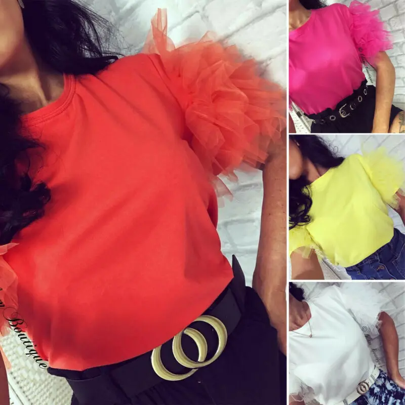 Модные Женские однотонные кружевные блузки с круглым вырезом свободные тюлевые