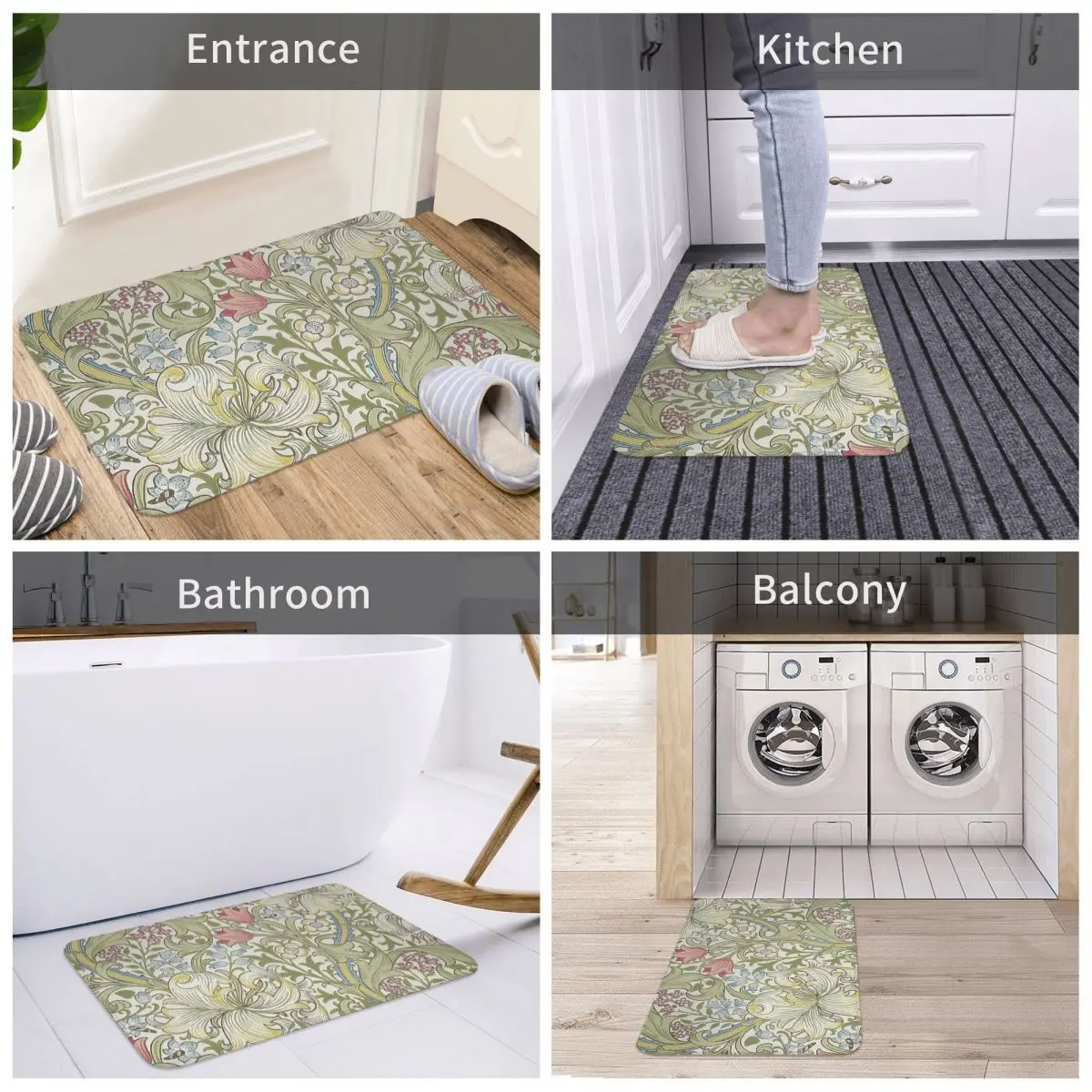 William Morris Flower Plants Paintings Doormat Flannel Rug Non-Slip Welcome Mats for Entrance Door Bathroom Toilet | Дом и сад