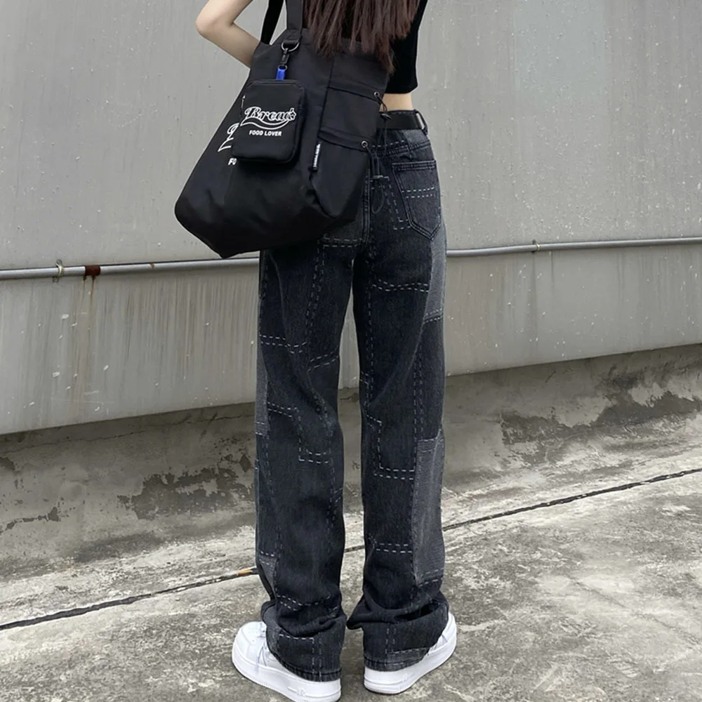 

Japanese Style Streetwear Baggy Wide Leg Denim Pants Womens Distressed Patch Jeans For 2021 Fashion Gothic Teenage Girl Clothe