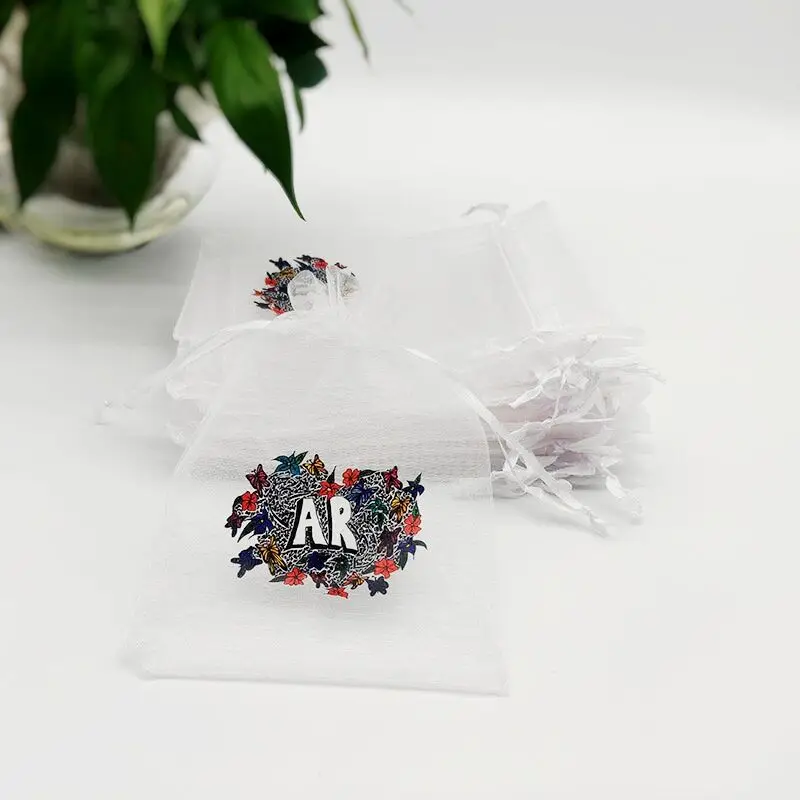 100pcs customized logo printing bags Drawstring Organza Bag small Pouches Jewelry Package Makeup Wedding Packaging Mesh Gift Bag