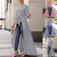 fashion women stripe long sleeve blouse shirt v neck maxi dress tunic casual long tops business office lady dress