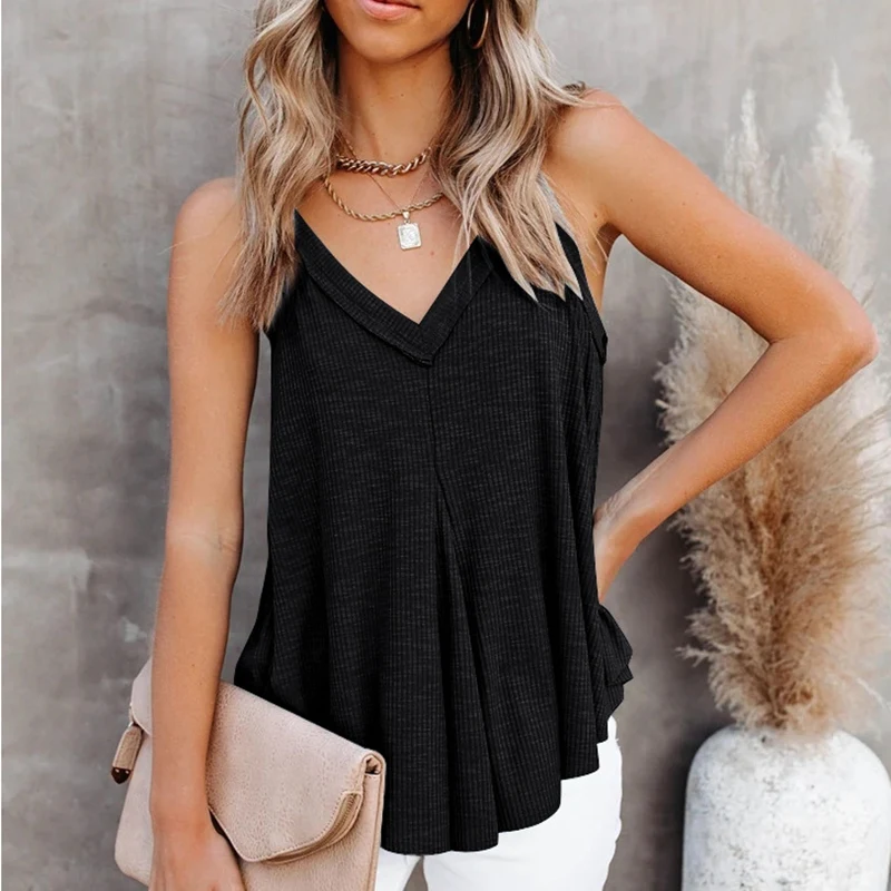 Ladies V-Neck Vest Irregular Multi-Hem Sleeveless Cotton Top Black | Женская одежда