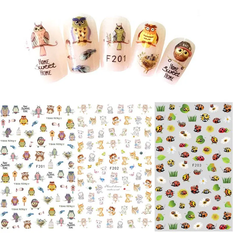 Водяные наклейки для ногтей 3 шт. татуировка совы милое животное мультяшный