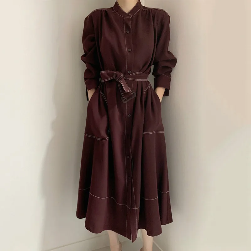 

Vintage Elegant Dresses Autumn Winter Long Sleeve Dress Korea Chic Stand Collar 2020 Women Fashion Clothing Office Lady Dress