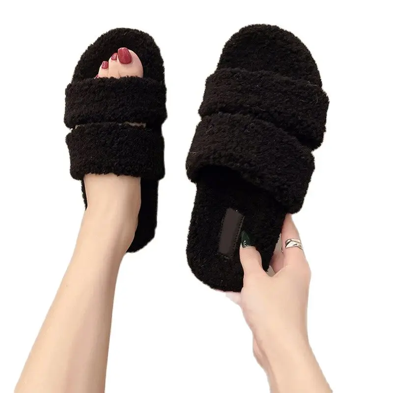 

Тапки женские меховые сетчатые, пушистые, плюшевые, плоская подошва, комнатные, однословные, стиль знаменитостей, черные, 2021