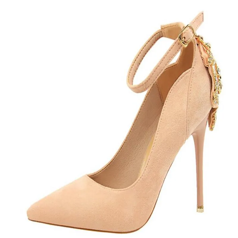 

Elegant Crystal Pointed Toe Wedding Shoe Women's Solid Flock Fashion Buckle Shallow High Heels Shoes For Women 5 Colors