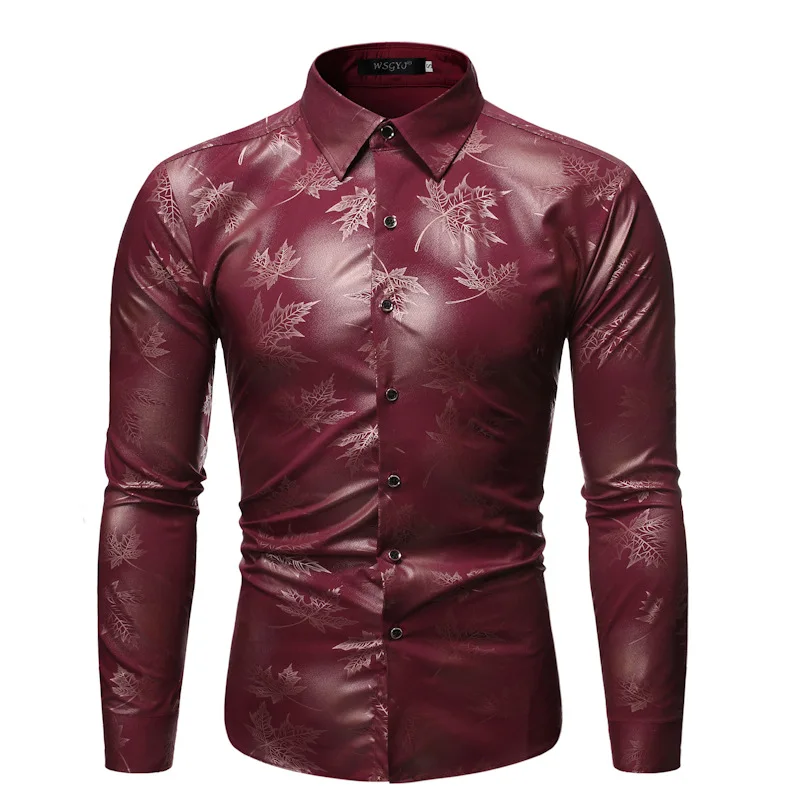 

2019 Spring Autumn Men Shirt Fashion Maple Leaf Print Shirts Long Sleeve Dress Shirt Slim Fit Casual Men's Chemise