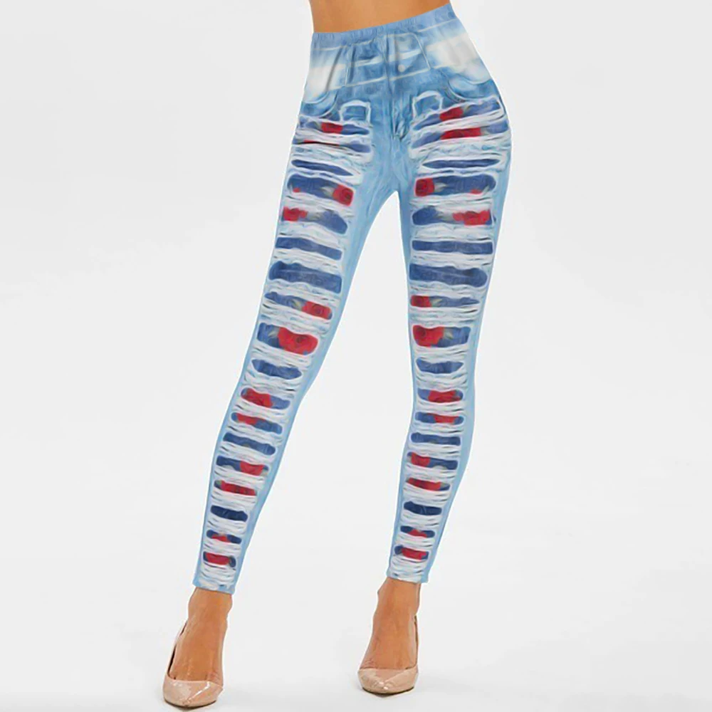 Women Skinny Jeans Thin High Waist Lady Jeans Ripped Pencil Pants Clubwear Flower Tribal Gothic Aloha Colorful Female Trousers