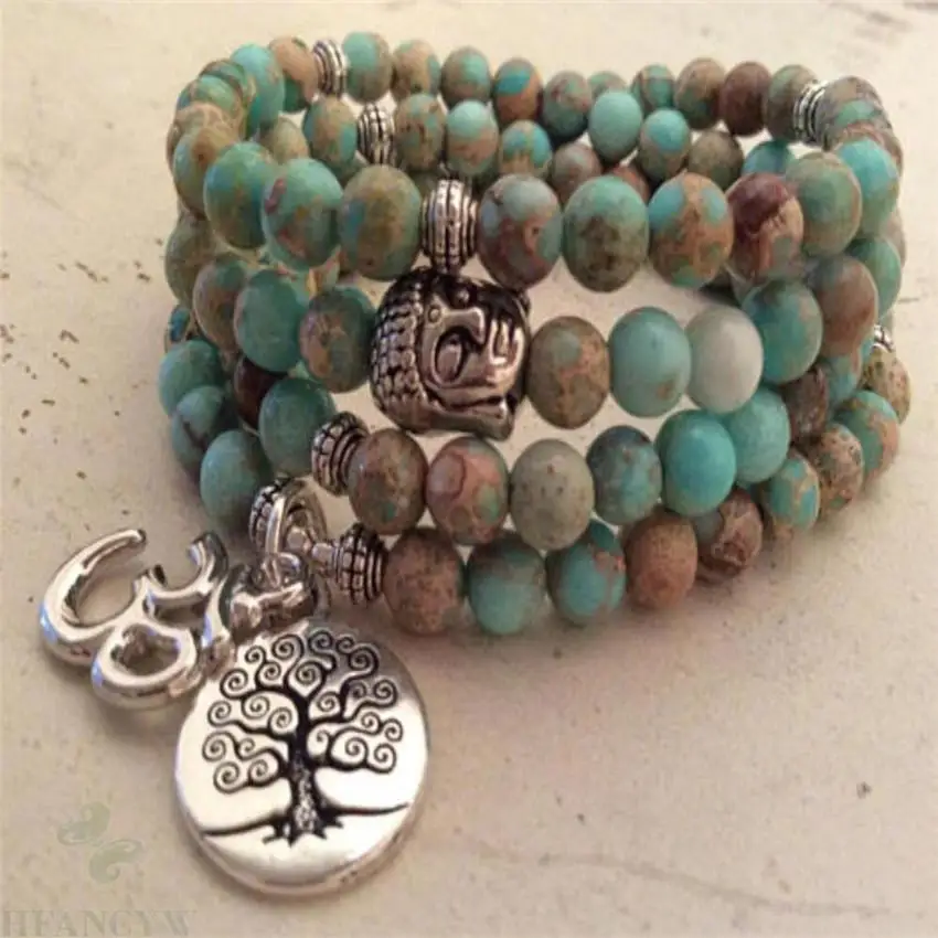 

6mm Light blue Imperial Jasper Gemstone 108 Beads Mala Bracelet pray energy Buddhism Hot Handmade MONK yoga cuff Meditation