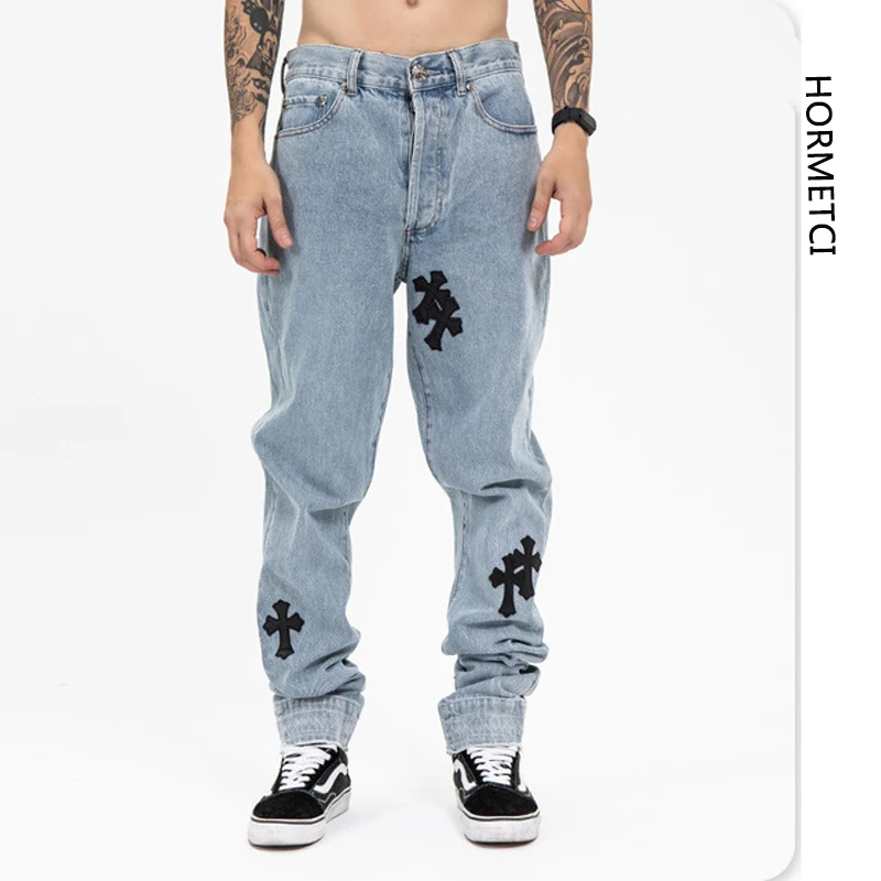 

Мужские прямые джинсы, синие свободные брюки из натуральной кожи, 2021