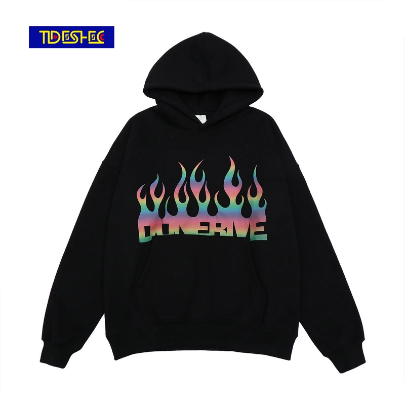 

Толстовка женская с капюшоном и надписью, Модный свитшот в стиле хип-хоп, с разноцветным принтом пламени
