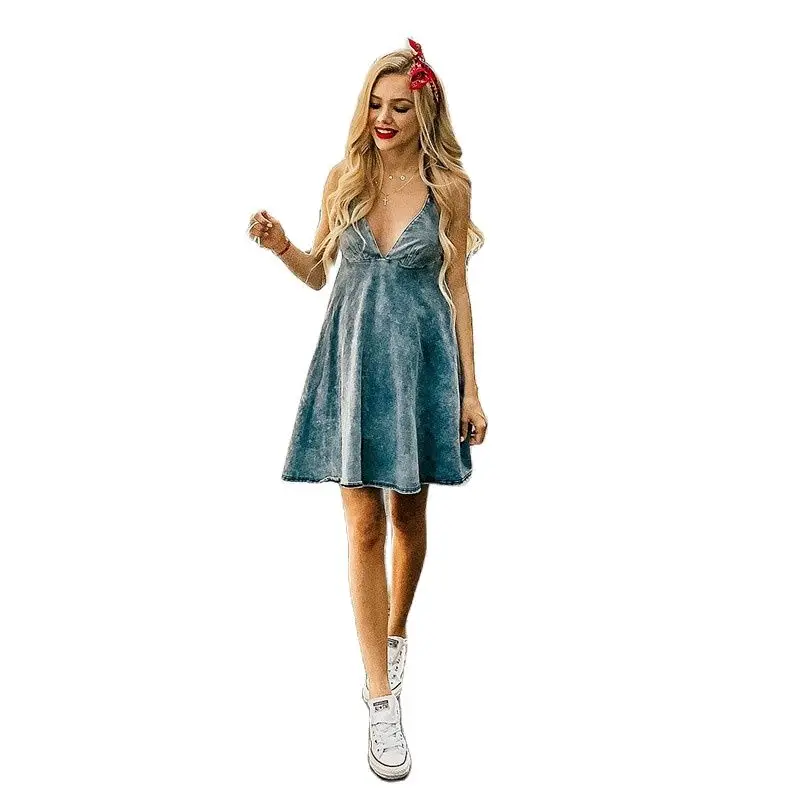 

Sexy Deep V Sling Denim Dress Short Skirt Frosted Tie Dye Sling Dress A325