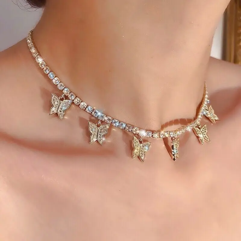 

Women Butterfly Pendant Necklace Fashion Rhinestone Shining Charm Choker Necklaces Punk Hip Hop Necklace Elegant Jewelry Gift
