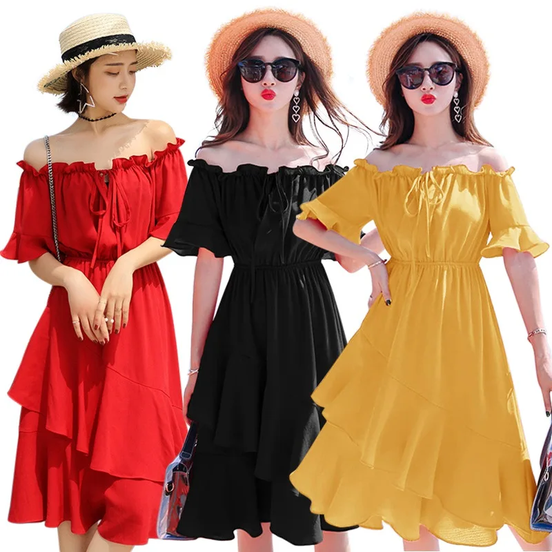 

Summer Women Short Sleeve Dress Mid-length Off- Shoulder Lace-Up Beach Dress Solid Color Dresses Stylish Dress