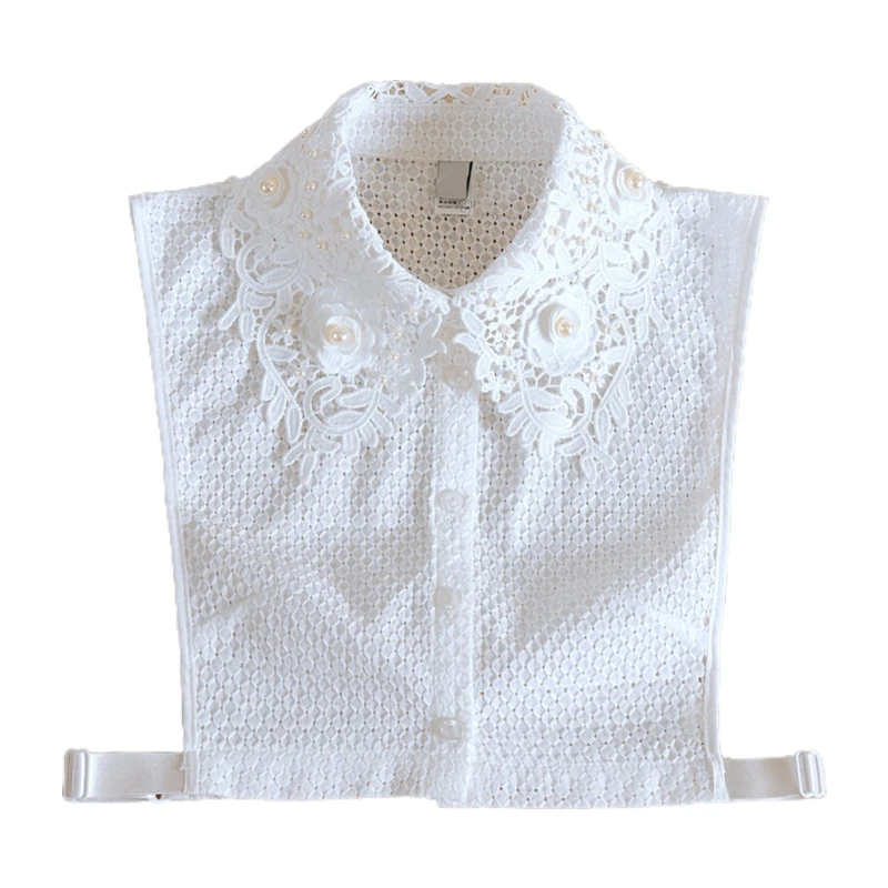 

Women Elegant Faux Pearl Floral Lace Lapel False Collar Plaid Jacquard Detachable Half Shirt Blouse Decorative Dickey