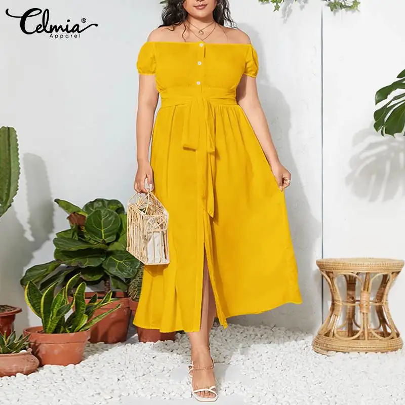 

Женское Сексуальное Платье макси с открытыми плечами Celmia, летний сарафан на пуговицах с разрезом, богемное повседневное однотонное длинное...