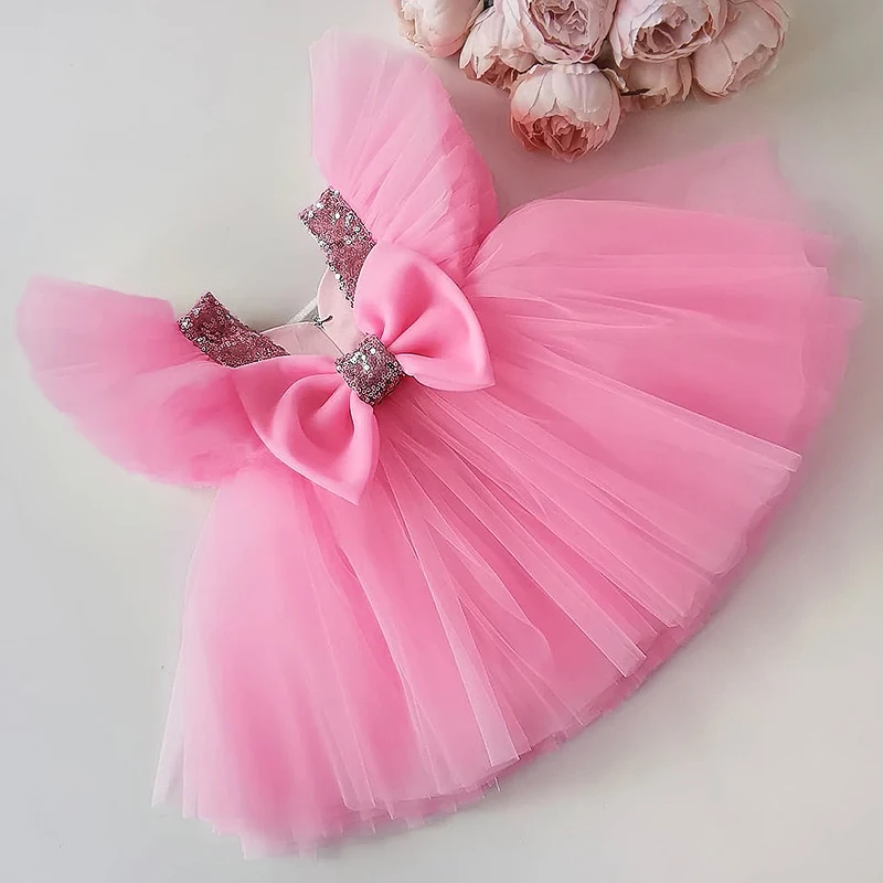

2021 Flower Girl Dresses For Weddings Kids Bow Tulle Princess Cloth For Elegant Birthday Party Children Tutu Costume for girls