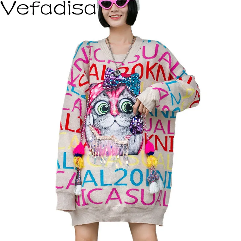 

Vefadisa Letter Print Pullover Knitted Cartoon Sequin Women Sweater 2023 Spring Autumn Thick Tassel Knitted Coat Loose QYF4296