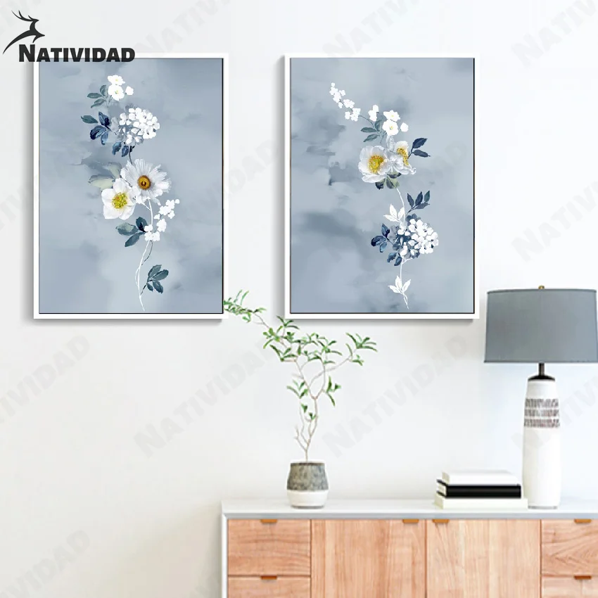 Простой белый цветок синий лист украшение для комнаты девочки акварель плакаты и
