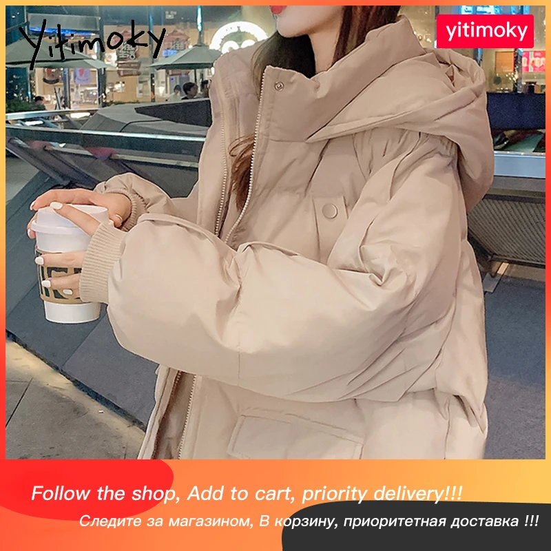 Yitimoky 2021 зимние женские парки короткое пальто с капюшоном хлопковая черная