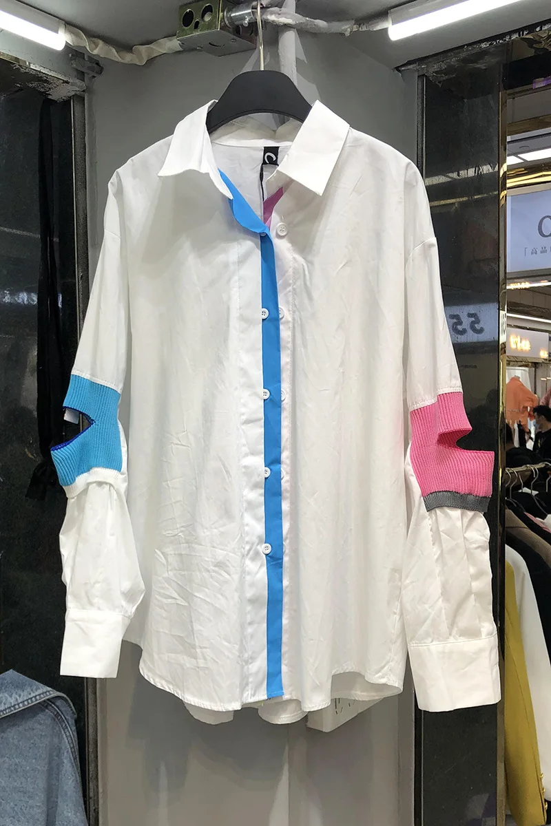 

2021 Spring Turn-down Collar Color Matching Knitted Split on The Elbow Fake Two Pieces Women Loose Casual Long Sleeve Shirt