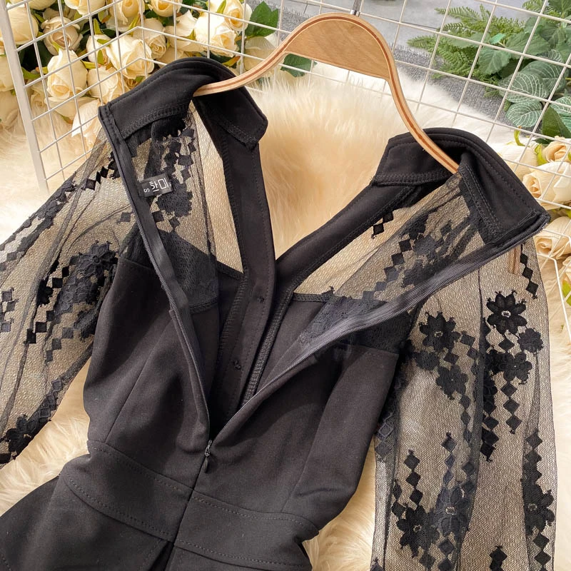 

Foamlina Women Vintage See Through Mesh Lace Patchwork Mini Dress Autumn Long Sleeve Buttons Party Dress Office Lady Short Dress