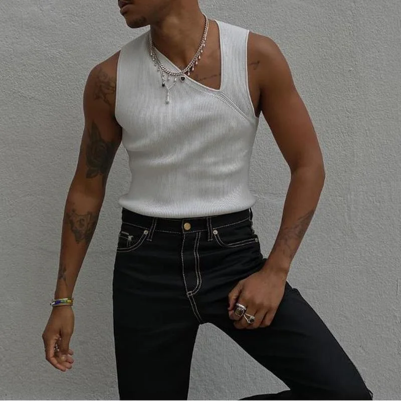 

2021 New Men Sweater Vest Autumn Slash Neck Knitted Vests Solid Color Hollow Sleeveless Slim Fashion Summer Men Tops Streetwear