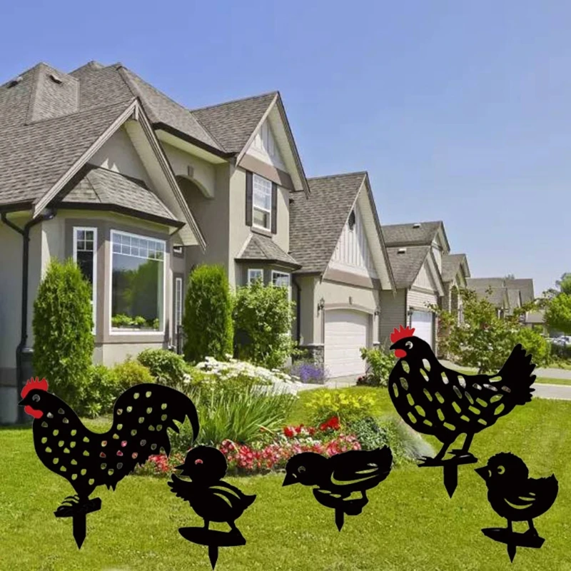 

808B 5 Pcs Hollow Rooster Chick Garden Silhouette Stakes Acrylic Backyard Decoration for Home Garden Decor Signs Yard Decor