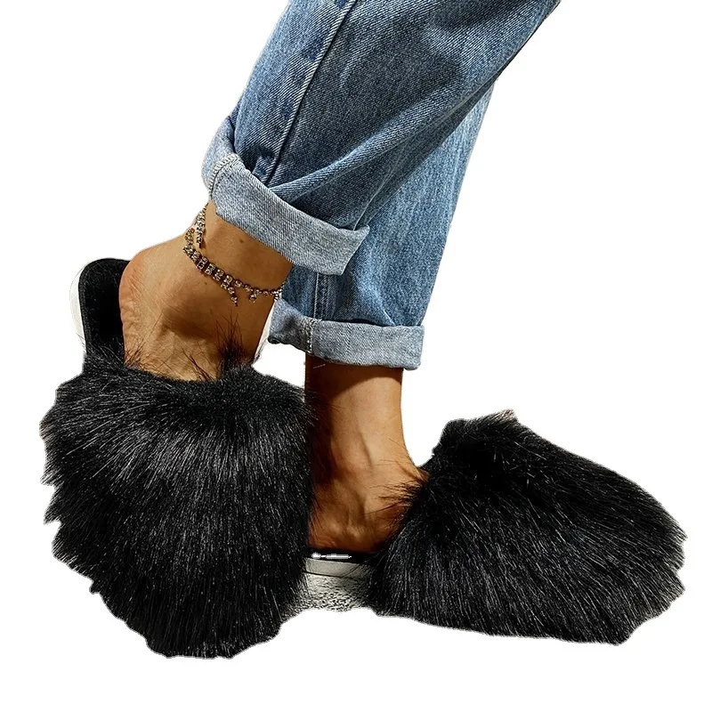 Женские меховые тапочки Perixir новинка 2021 на плоской подошве с нескользящим носком