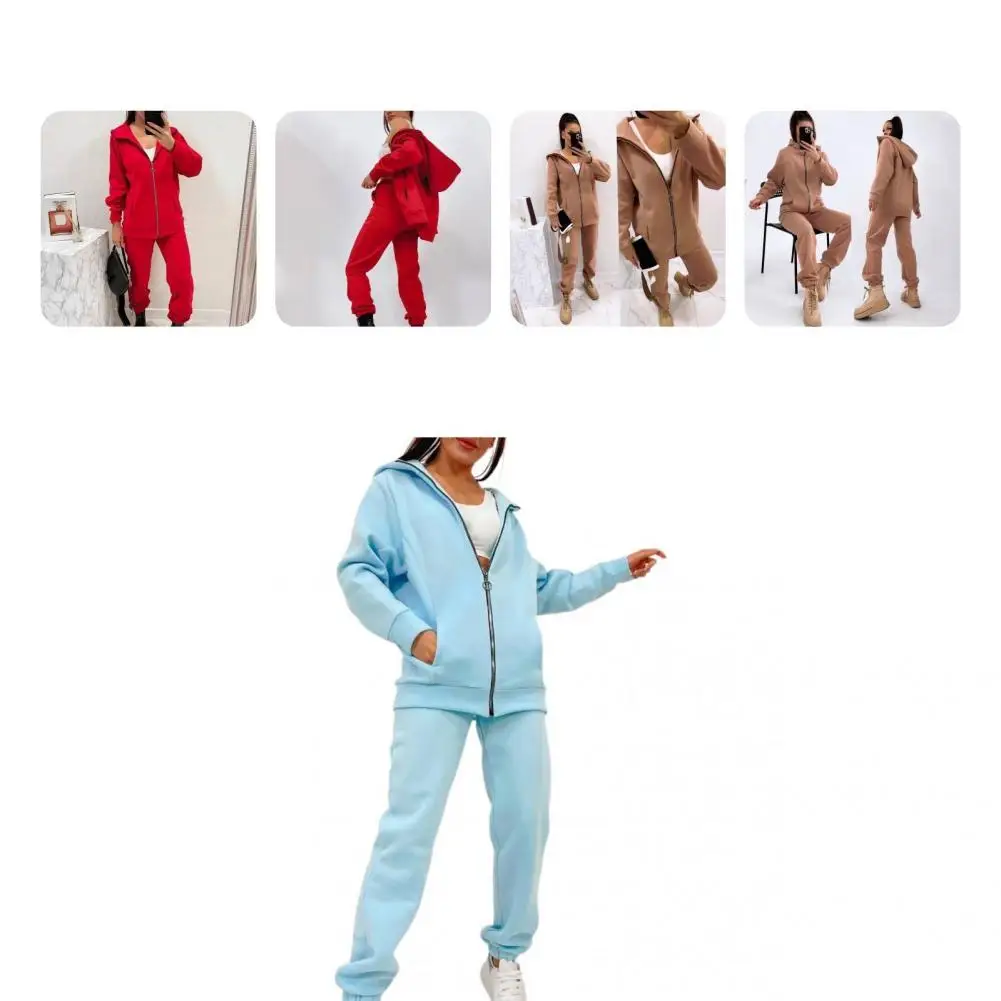 

1 Set Modern Women Hoodie Suit Stretchy Elastic Waist Lightweight Full Zip Legging Women Hoodie Pants Set