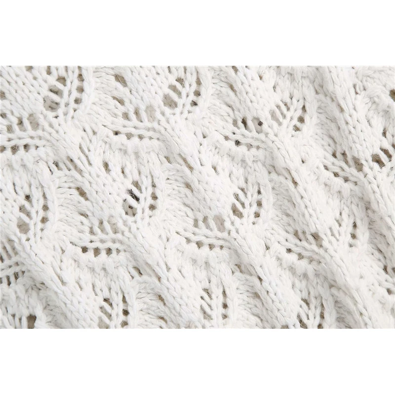 

New Women Fashion Jewellery Button Za White Knitted Hollow Out Cardigans Female Casual Long Sleeve Turn-Down Collar Sweaters