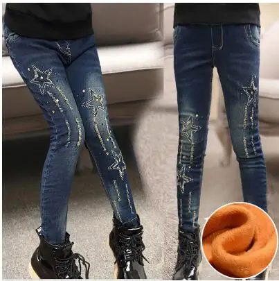 F624 fleece jeans Коллекция года, зимняя детская одежда джинсы для девочек повседневные узкие джинсы из плотного флиса для маленьких девочек, джинсы для крупных детей, длинные штаны - Цвет: F624 fleece jeans