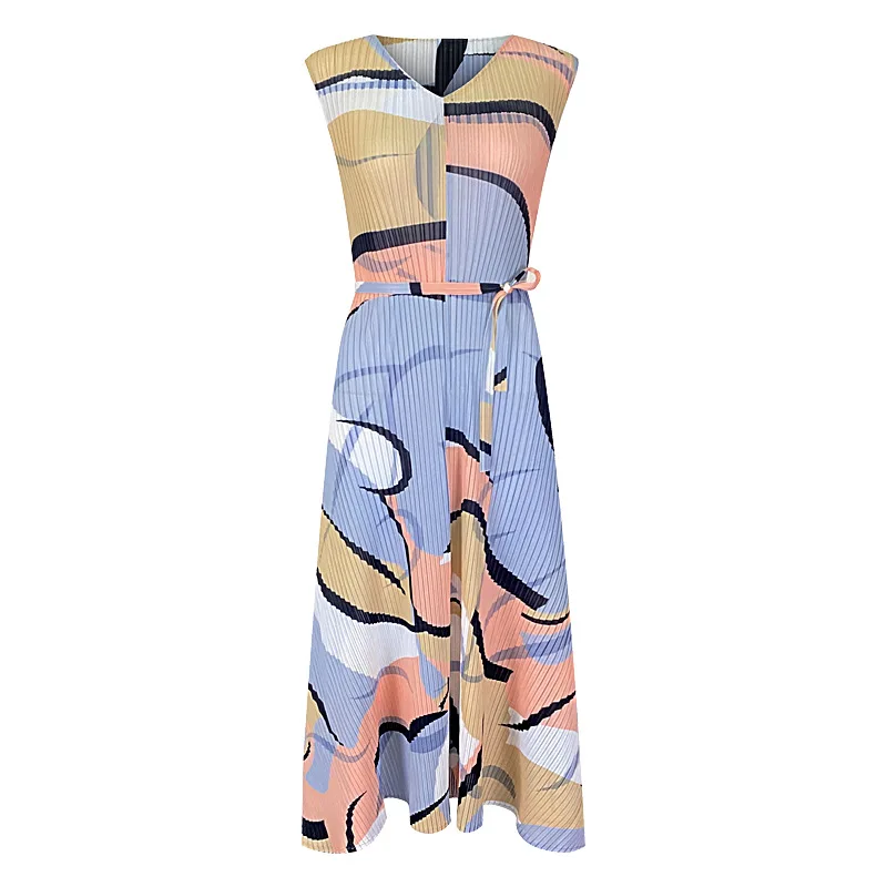 

LANMREM 2021 Summer Dress For Women Printed V Neck Plus Size Drawstring Lace-up Loose Dresses Female Elegant Clothing 2D1640