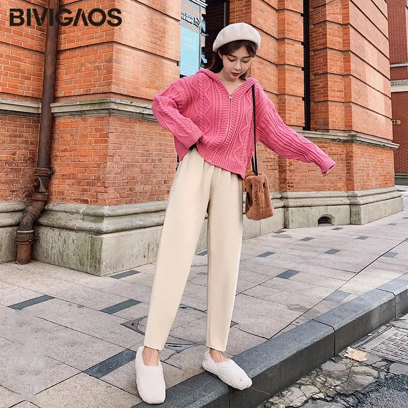 BIVIGAOS 2019 новые осенние зимние свободные эластичные шерстяные штаны для женщин с