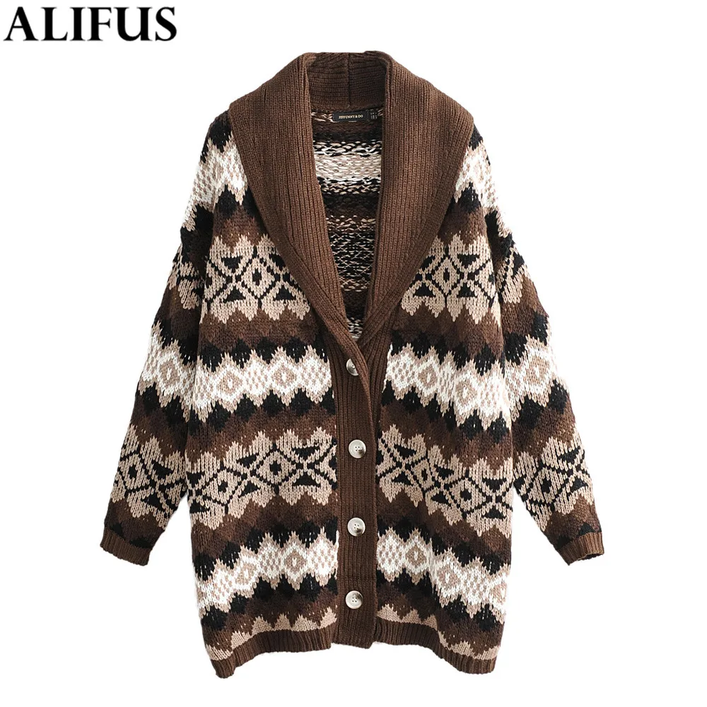 Модный женский свитер Za 2019 винтажный жаккардовый кардиган с v образным вырезом