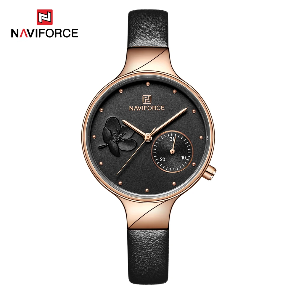 Black NAVIFORCE женские часы модные повседневные женские кварцевые женские водонепроницаемые часы наручные часы с кожаным ремешком datereloj mujer - Цвет: Black
