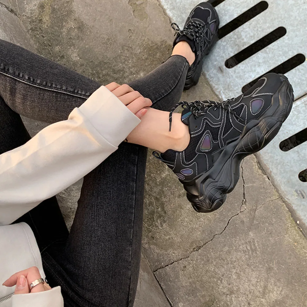 

BONJOMARISA Lady Genuine Leather Round Toe Casual Lace Up Sneakers Chunky Brand Design Lace Up Sneakers Women Comfy Shoes Woman