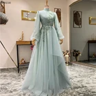 Женское ТРАПЕЦИЕВИДНОЕ вечернее платье, голубое официальное элегантное Тюлевое платье с бусинами и цветами, мусульманское платье для выпускного вечера, длинное бальное платье с рукавами
